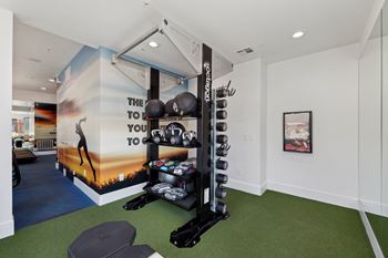 a workout room with weights and a wall mural